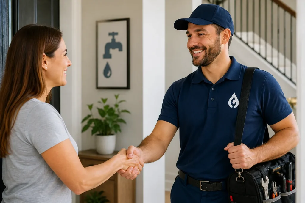 Plumber politely asking a satisfied customer for an online review after completing a service