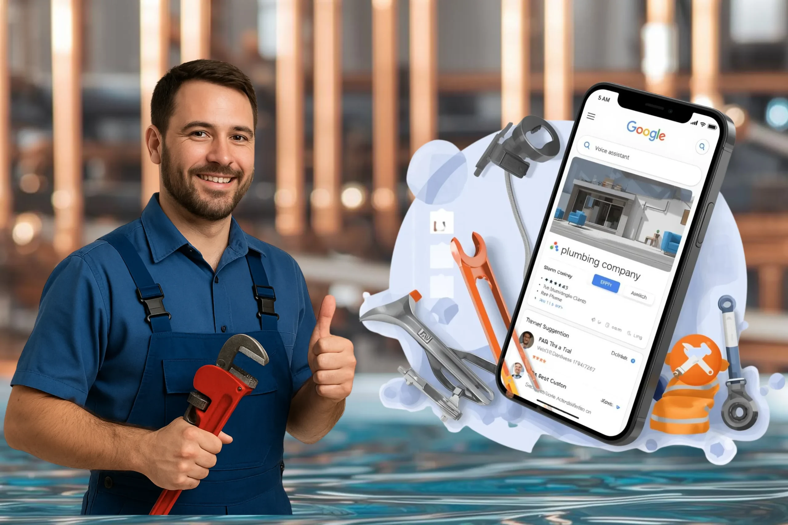 Guide explaining how a plumbing company can be recommended by Google voice assistant through Google Business Profile, SEO, and reviews.