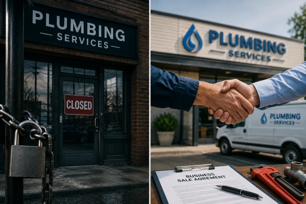 Split image showing a padlocked plumbing storefront with a closed sign beside a business handshake and sale agreement, representing the decision to close or sell a plumbing or HVAC business.