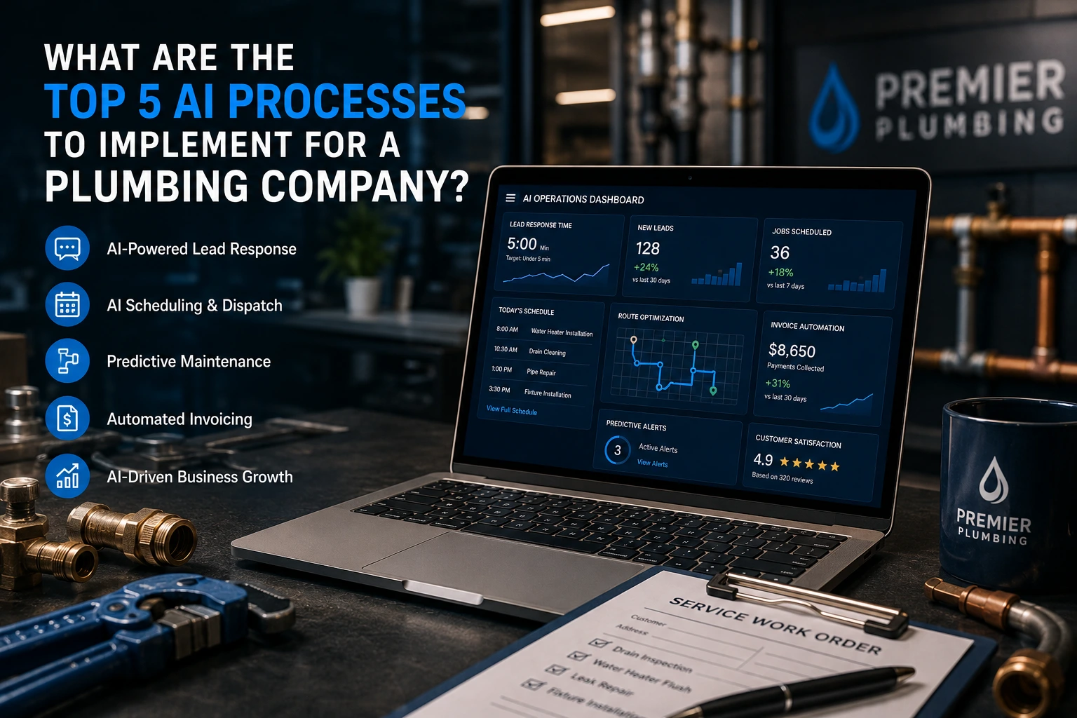 Professional plumbing office workspace with AI operations dashboard on a laptop, showcasing lead response, scheduling, predictive maintenance, invoicing, and business growth automation for plumbing companies.