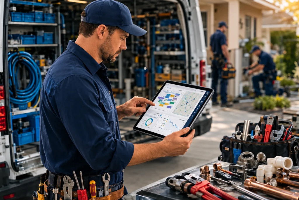 Displaying AI software dashboard beside plumbing tools and clipboard, representing AI technologies helping plumbing companies improve lead response, scheduling, and operations.
