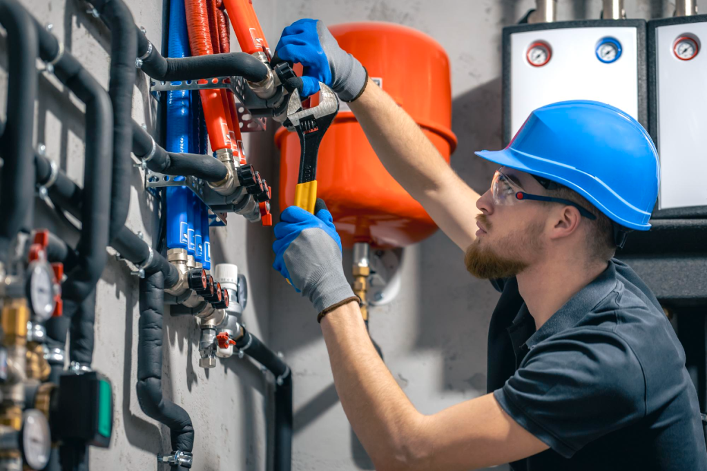HVAC technician adjusting heating system pipes during a commercial service call.