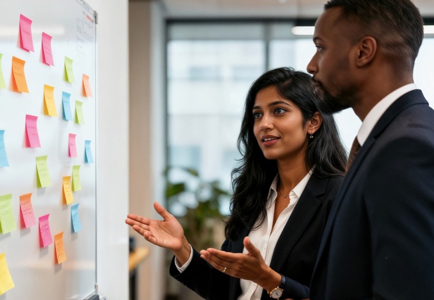 A businessman discussing with a member of his advisory team while planning an exit strategy