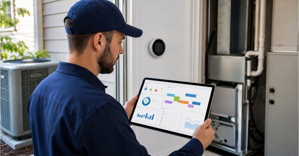 An HVAC technician reviewing a software dashboard on a tablet next to residential HVAC equipment