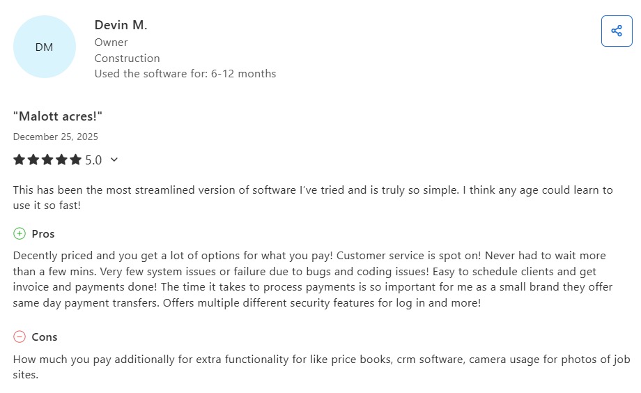 Capterra review of Housecall Pro praising its simplicity while noting extra charges for added functionality