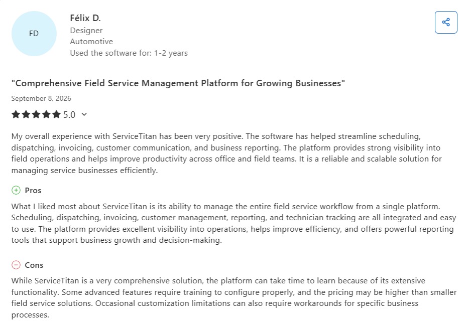 Capterra review praising ServiceTitan's integrated workflow while noting the learning curve and higher pricing