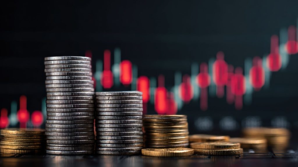 Stacks of coins arranged in front of a red candlestick chart